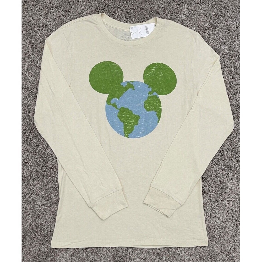 Disney  Mickey Mouse Shirt Mens Small Cream Long Sleeve  Earth Day Logo